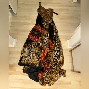 Mac Duggal Couture Beaded Animal Print One Shoulder Gown Black Gold - Size 6